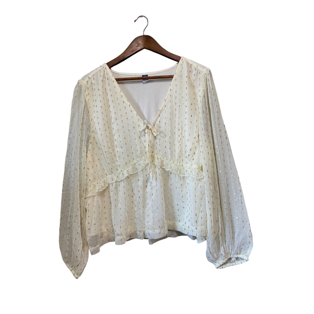 Old Navy Blouse Womens XL Cream Gold Excellent Metallic Ruffle Tie Front Peplum